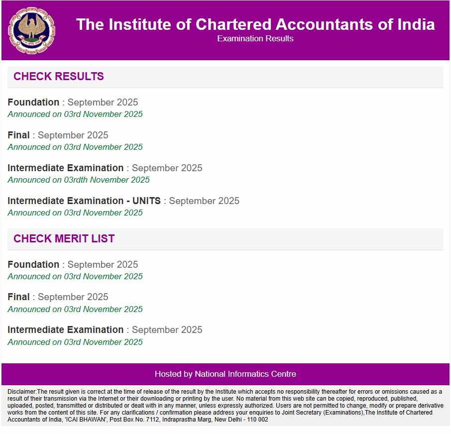 ICAI CA September 2025 Results Today at icai.nic.in